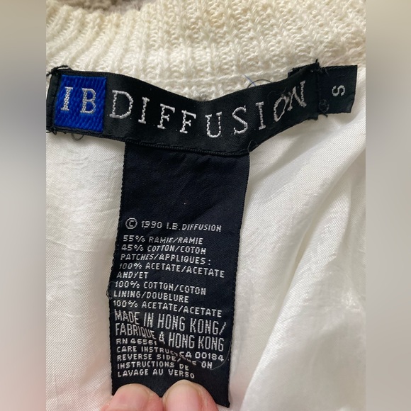 Vintage 90s IB Diffusion White Knit Lined Cardigan Sweater Embroidered Patches S - Picture 8 of 9